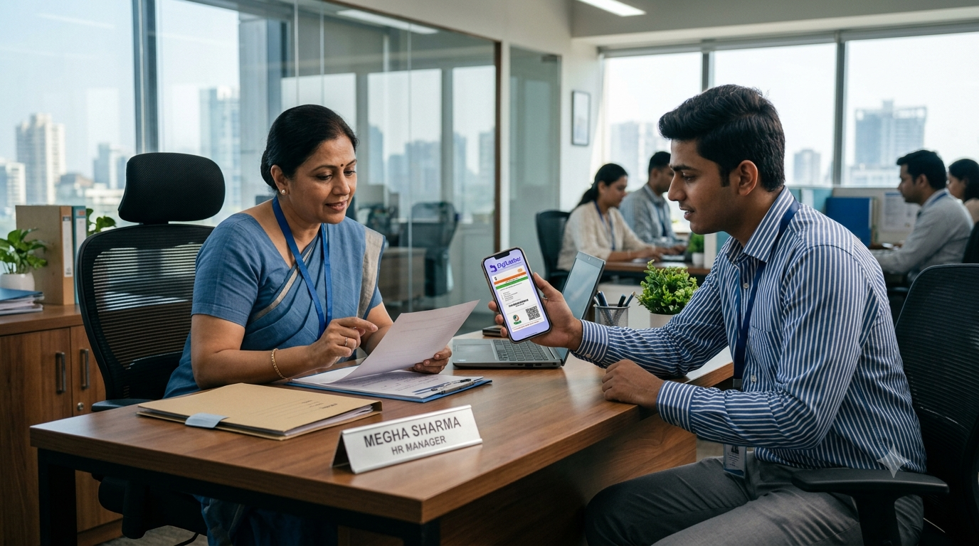 Employee showing a DigiLocker document on a smartphone to HR for verification